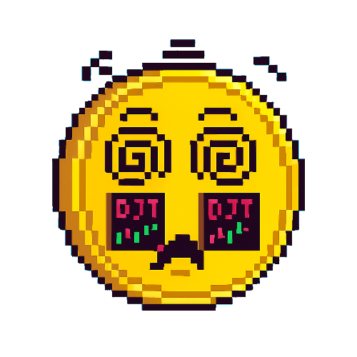 Pixel art gold coin with spiral eyes, two tiny DJT screens on its face and a worried mouth